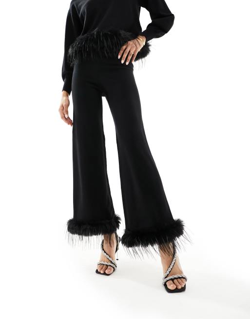 knitted wide leg pants with faux fur trim in black (Part of