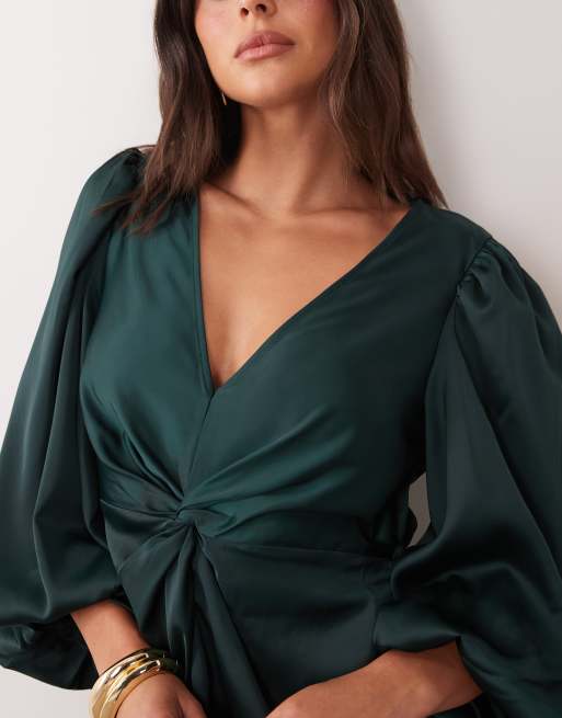 YAS knot front volume sleeve satin midi dress in dark green, 3 of 4