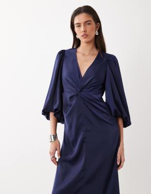 Y.a.s. Knot Front Volume Sleeve Satin Midi Dress In Multi