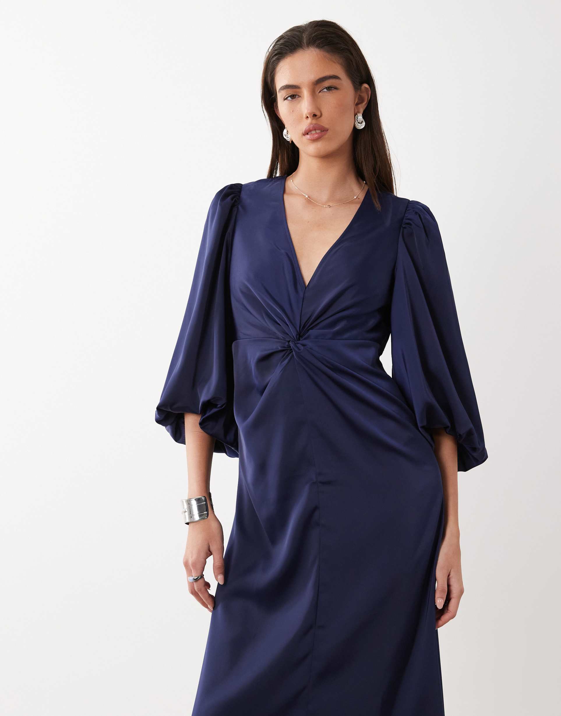 yas knot front volume sleeve satin midi dress in dark navy