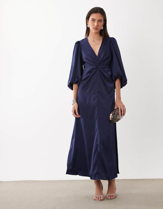 dark navy blue satin dress YAS knot front volume sleeve midi in Range How To Wear All Velvet Colors:Purple 819 creating a beautifully sculpted
