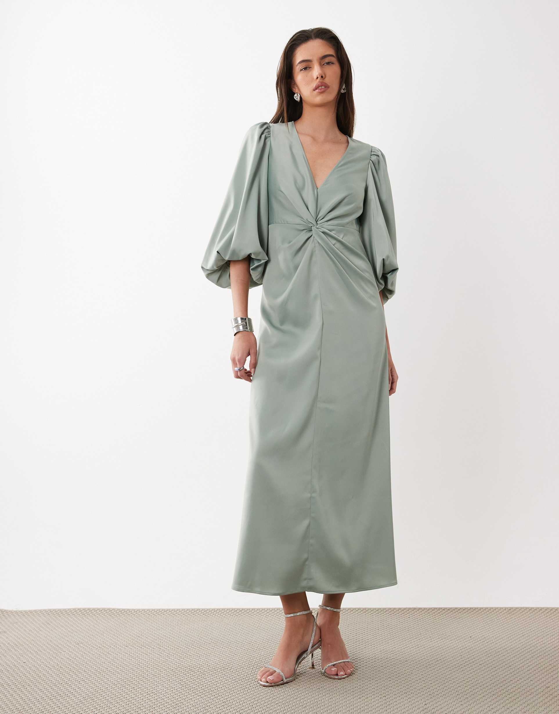 yas knot front volume sleeve satin midi dress in milieu green