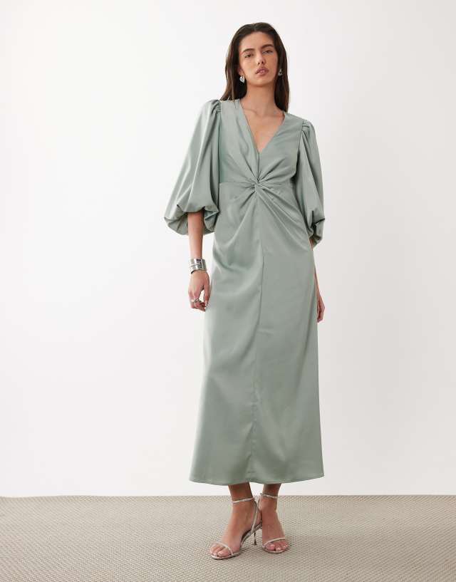 green satin midi dress with sleeves YAS knot front volume sleeve in milieu 1950s