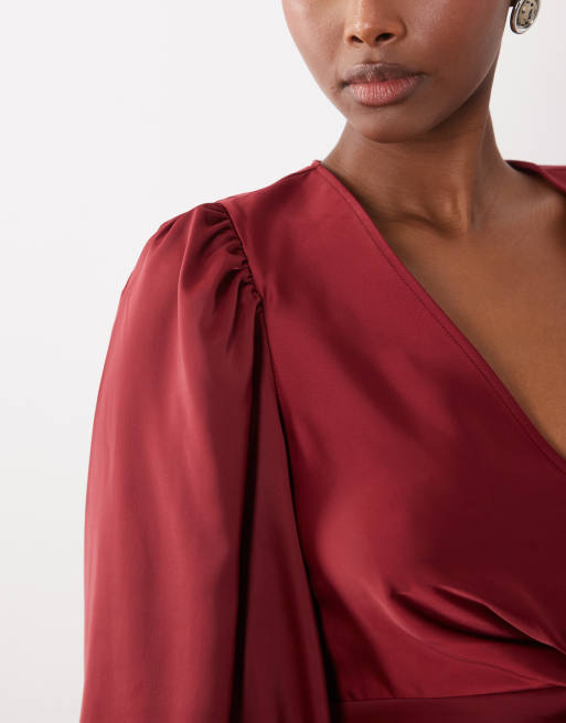 YAS knot front volume sleeve satin midi dress in red, 2 of 4