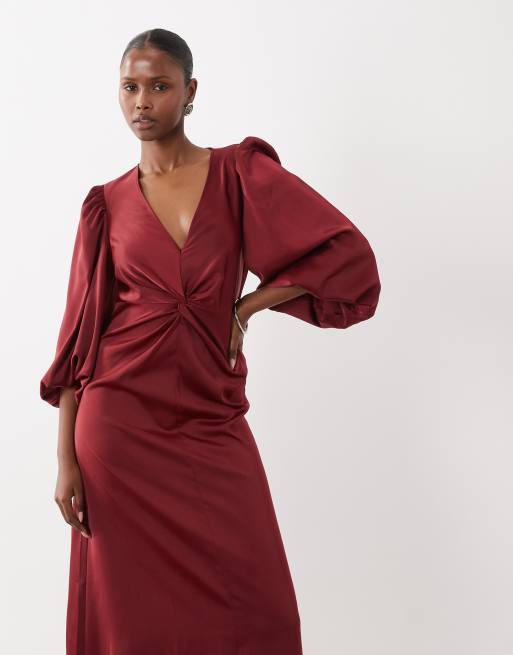 YAS knot front volume sleeve satin midi dress in red, 4 of 4