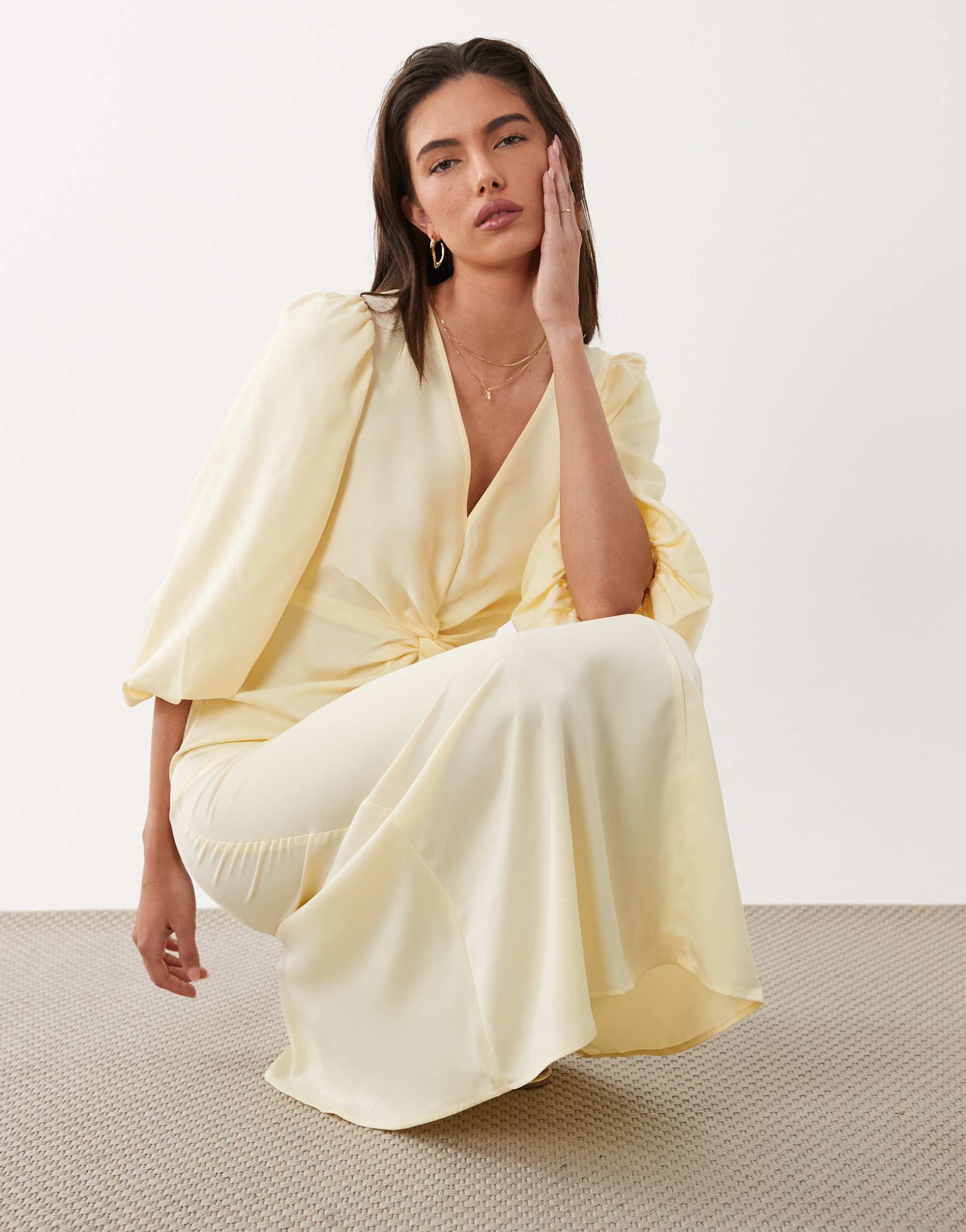 yas knot front volume sleeve satin midi dress in soft yellow