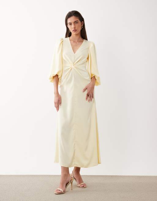 YAS knot front volume sleeve satin midi dress in soft yellow, 2 of 4