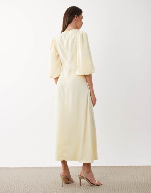YAS knot front volume sleeve satin midi dress in soft yellow, 4 of 4