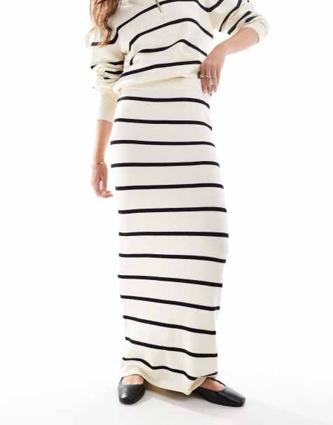YAS knitted maxi skirt co-ord in cream and black stripes