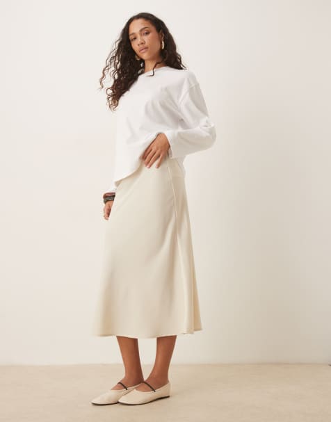 YAS satin midi skirt in birch cream