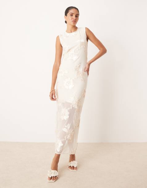 YAS floral applique sheer hem midi dress in cream