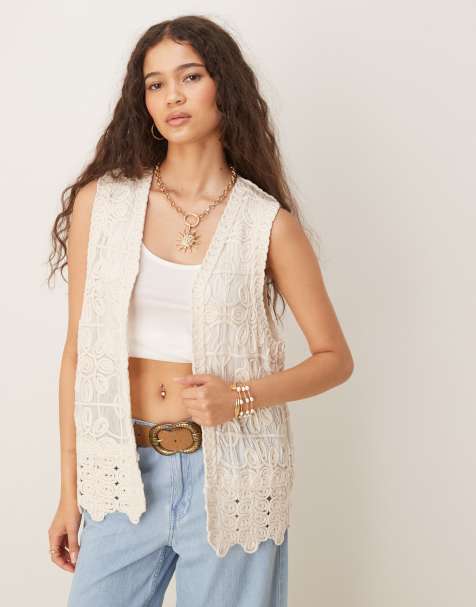 YAS Festival premium crochet longline open waistcoat in cream