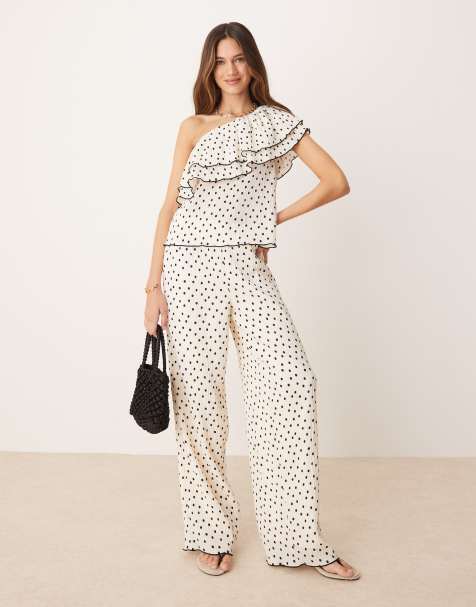 YAS wide leg trouser co-ord in cream and black polka dot