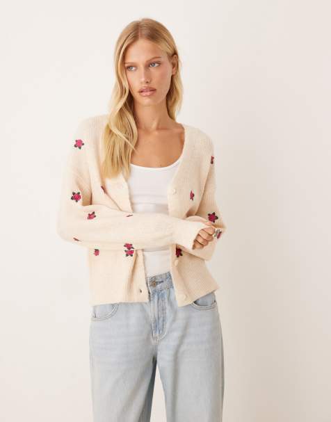 YAS rose embroidered balloon cuff cardigan in cream 