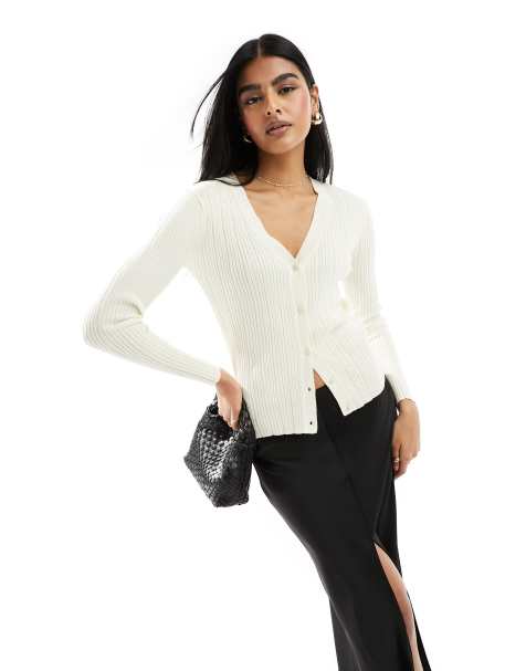 YAS v neck cardigan top in cream - BEIGE