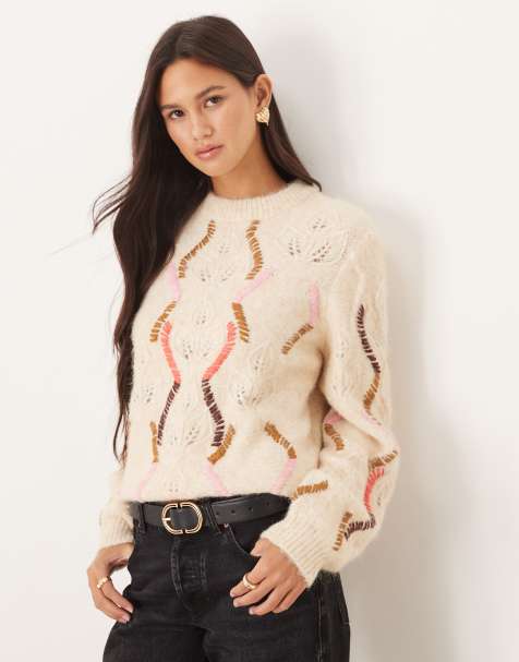 YAS premium contrast stitch oversized jumper in cream