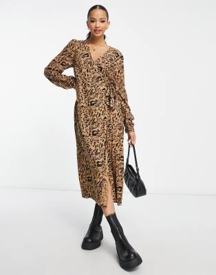 YAS Y.A.S. Krizza animal print midi wrap dress in multi