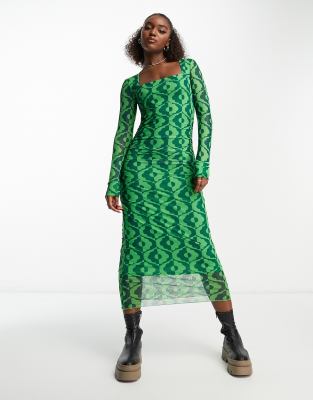 Y.A.S krizza long sleeve midi dress in green print