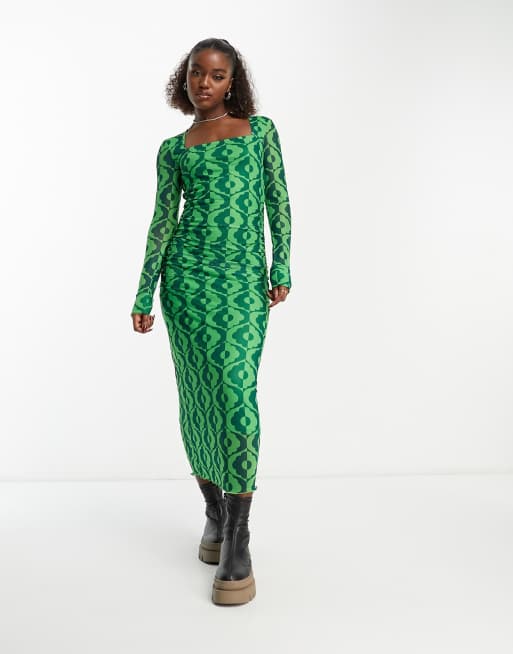 Y.A.S Krizza long sleeve midi dress in green print