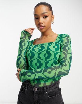 Y.A.S krizza long sleeve top in green print