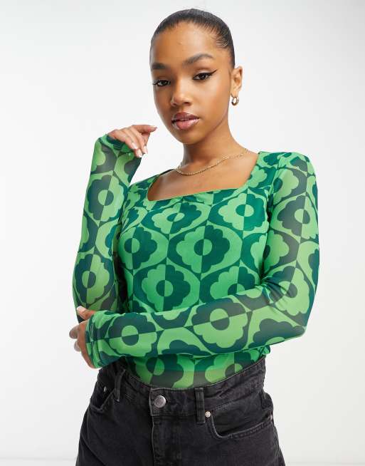 Y.A.S krizza long sleeve top in green print | ASOS