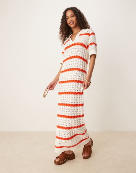YAS – Kurzärmliges, gehäkeltes Maxikleid in Creme und Rot gestreift mit Polokragen - view 1