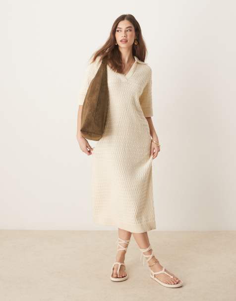 YAS – Kurzärmliges Strick-Midikleid in Birken-Cremeweiß mit Polokragen - view 1