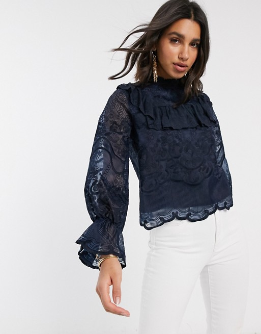 Y.A.S lace blouse with ruffle detail in navy