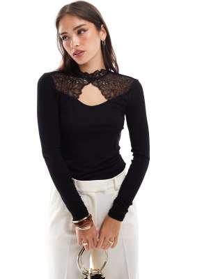 YAS YAS lace detail long sleeve top in black - BLACK