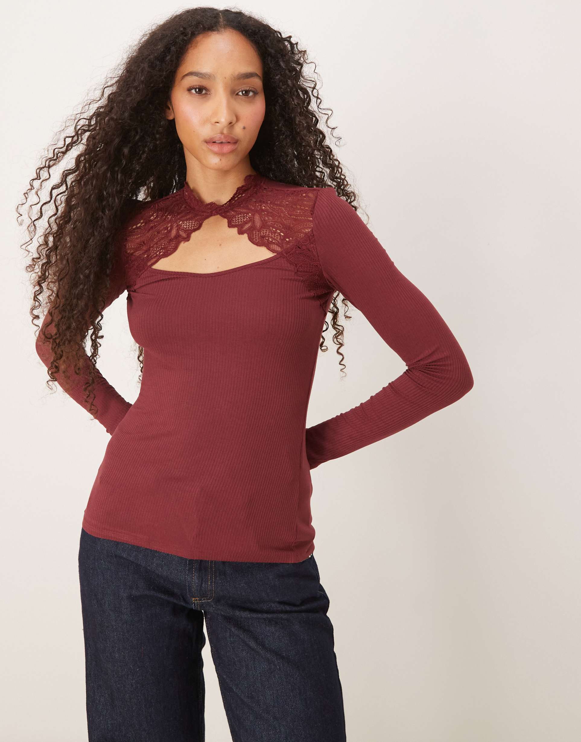 yas lace detail long sleeve top in burgundy