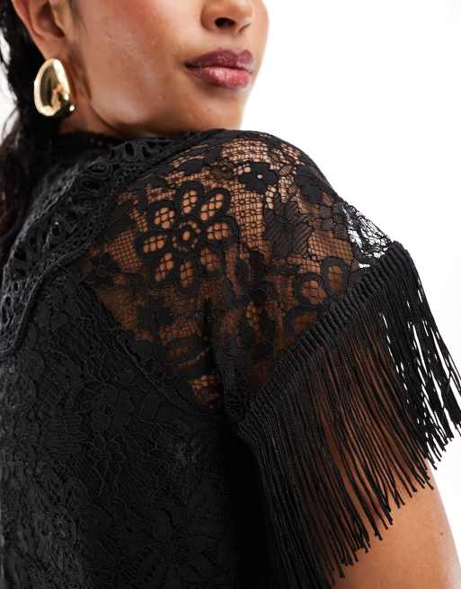 Y.A.S lace fringe detail high neck top in black, 3 of 4