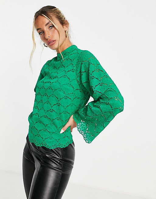Y.A.S lace high neck top co-ord in green 