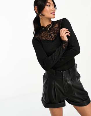 YAS lace insert long sleeve top in black - BLACK