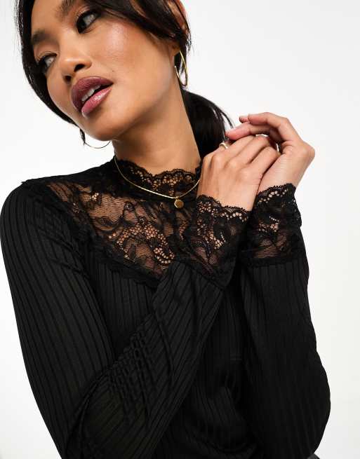 YAS lace insert long sleeve top in black