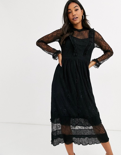 Y.A.S lace midi dress with ruffle detail in black