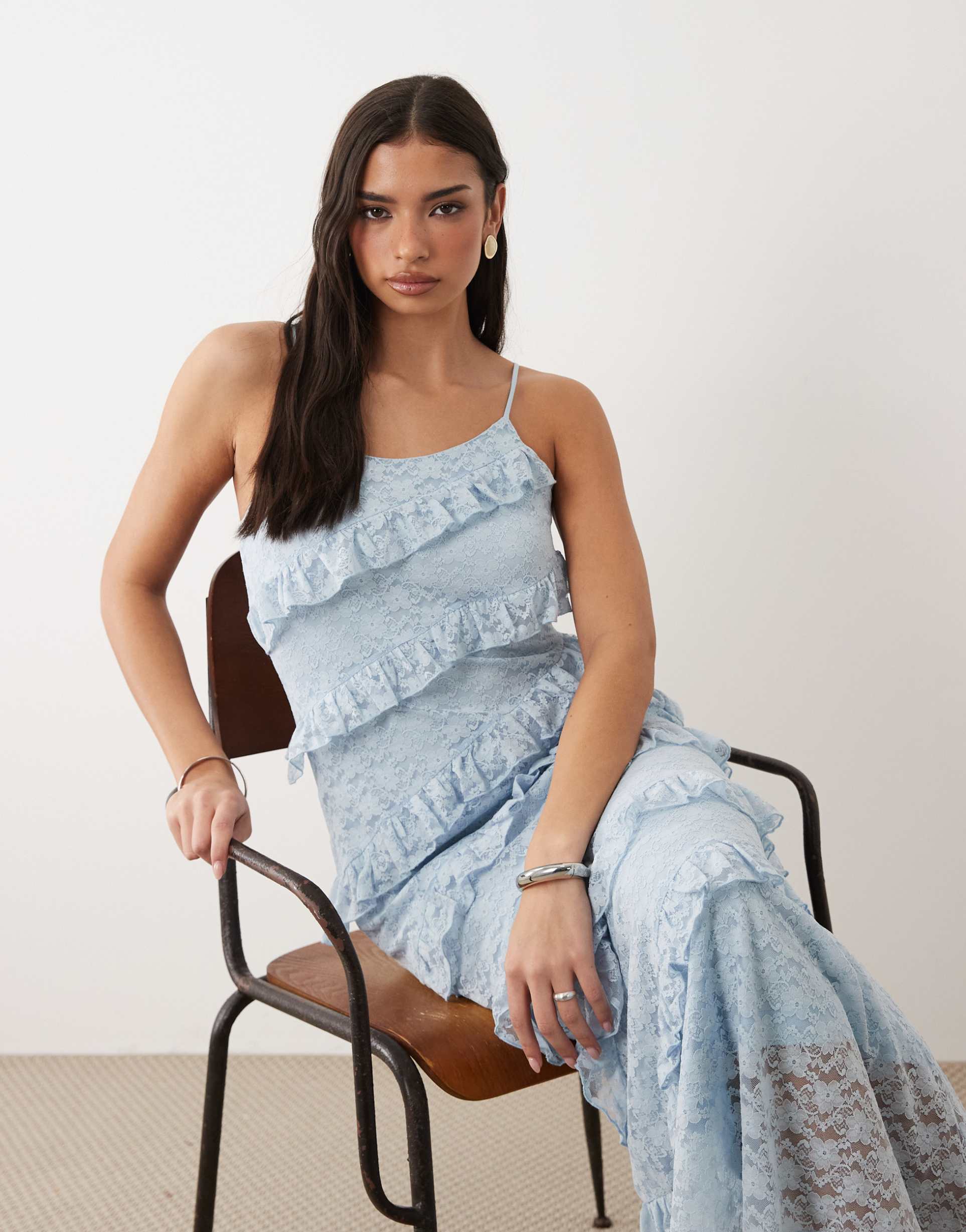 yas lace ruffle detailing cami maxi dress in soft blue