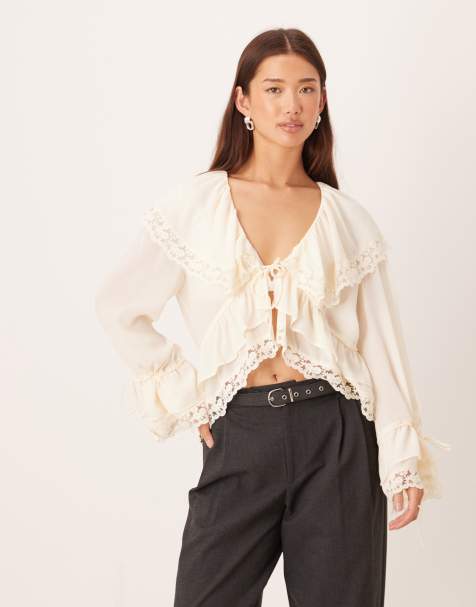 YAS lace trim ruffle boho blouse in birch cream - view 1