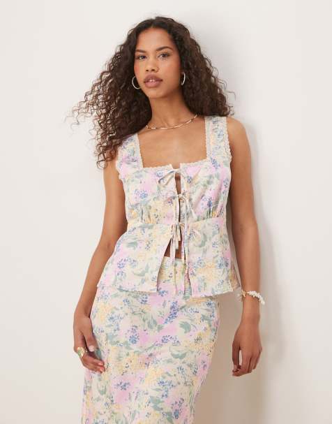 YAS lace trim tie front satin cami top co-ord in meadow floral print - view 1