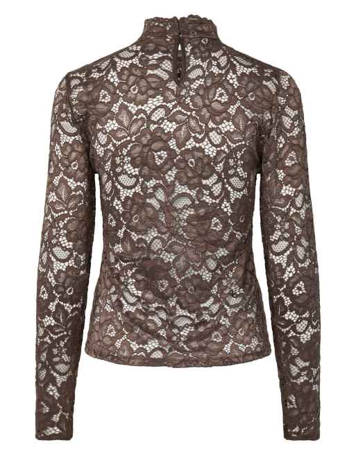 YAS Lacey blusa in pizzo slim fit con collo alto e maniche lunghe marrone cioccolato, 7 di 7
