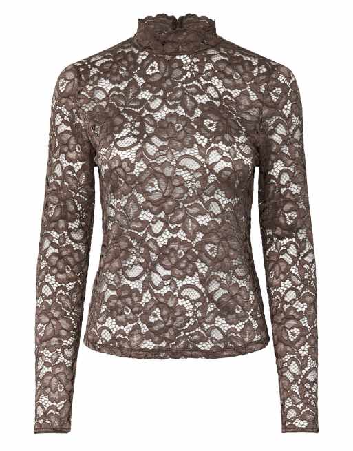 YAS Lacey lace slim fit high neck long sleeve blouse in chocolate brown, 6 of 7