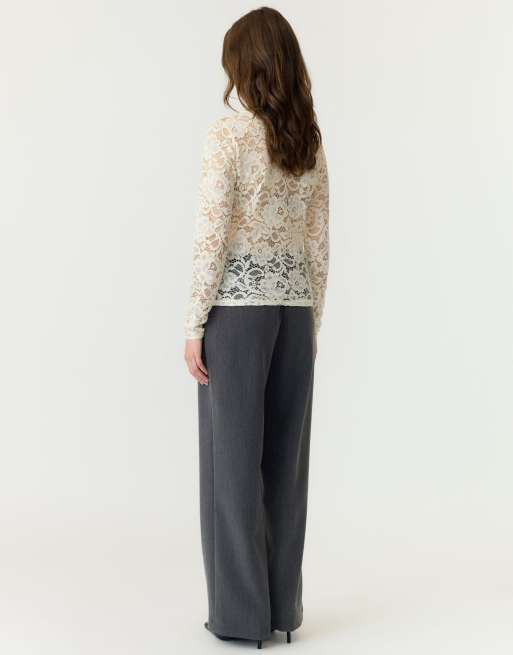 YAS Lacey lace slim fit v-neck long sleeve blouse in white, 2 of 7