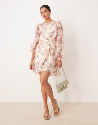YAS - Langärmeliges, strukturiertes Minikleid mit verschwommenem Blumenprint-Bunt