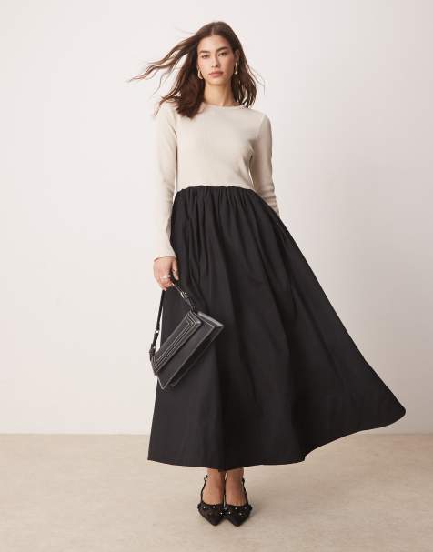 YAS – Langärmliges Maxikleid mit Hybrid-Design aus Jersey und Popeline in Schwarz und Creme - view 1