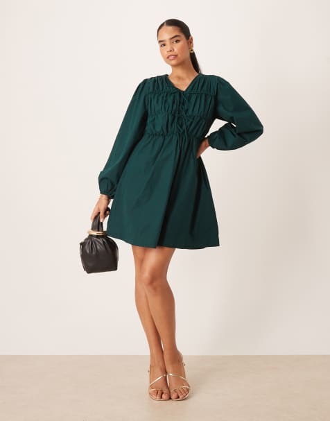 YAS – Langärmliges Minikleid in kräftigem Edelsteingrün mit Bindebändern vorne - view 1