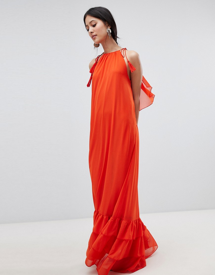 Y.A.S - Lange jurk met halternek en gelaagde zoom-Oranje