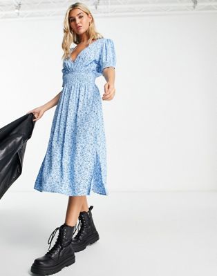 Y.A.S laura printed midi dress in light blue