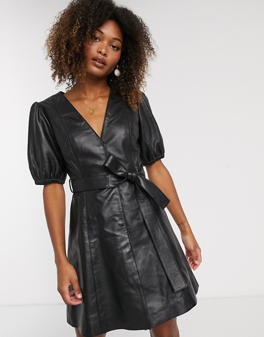 Y.A.S leather v neck mini dress with volume sleeve