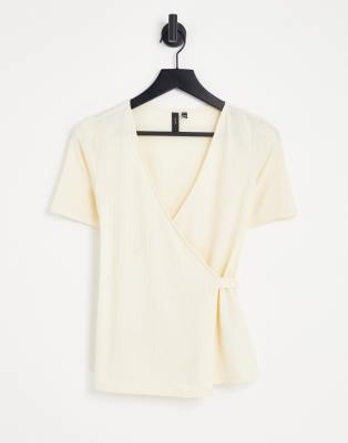 YAS Y.A.S Lila short sleeve wrap top in cream-White