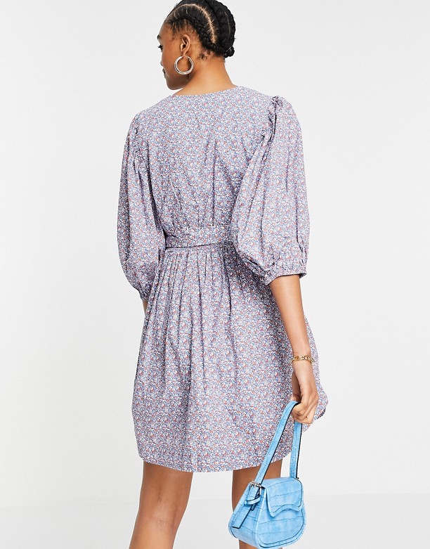 Y.A.S – Liliowa sukienka mini z bawełny organicznej z bufkami i kwiatowym wzorem Fioletowy Wyprzedaż Fabryczna 