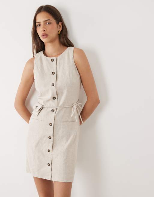 YAS linen-blend tailored mini dress with purse tie detail in white pepper, 2 of 4